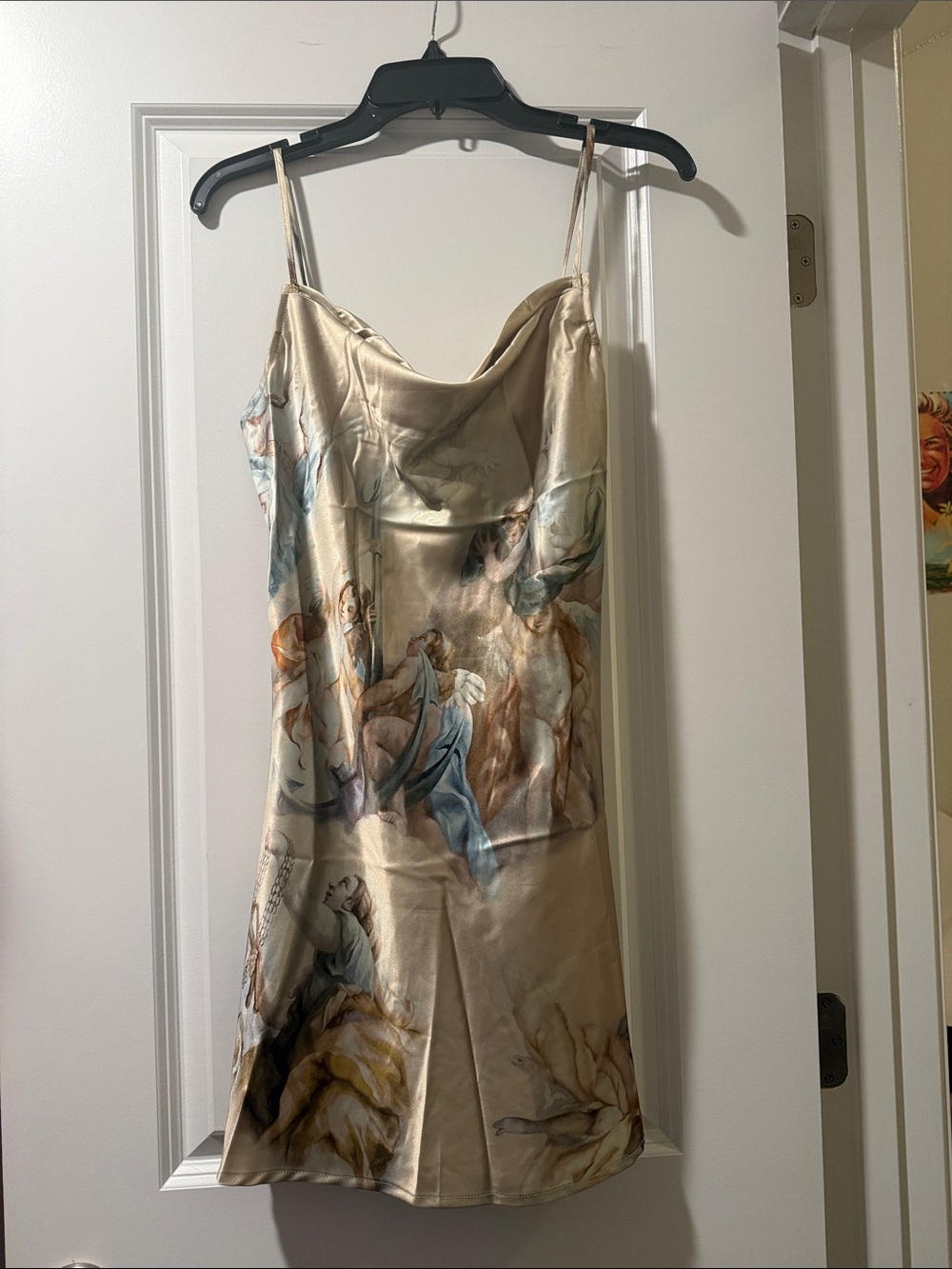 Finesse Cream Satin Slip Dress with Blue and Brown Painterly Print